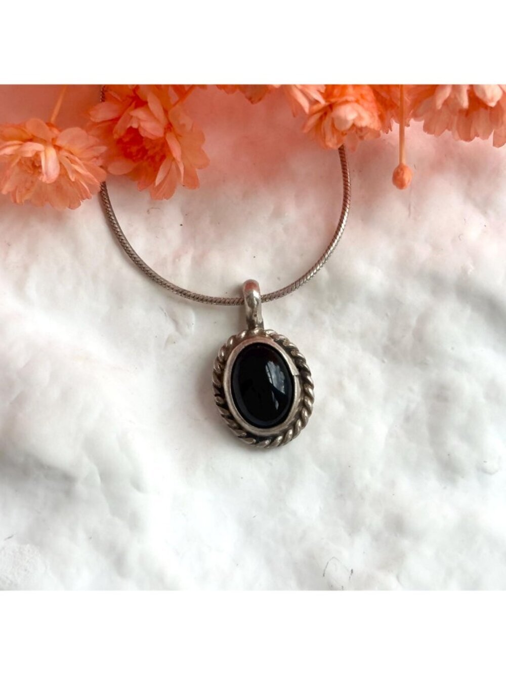 Art Deco Black Onyx Rope Sterling Silver 925 Oval Vintage Pendant Necklace - 16" - Picture 13 of 16